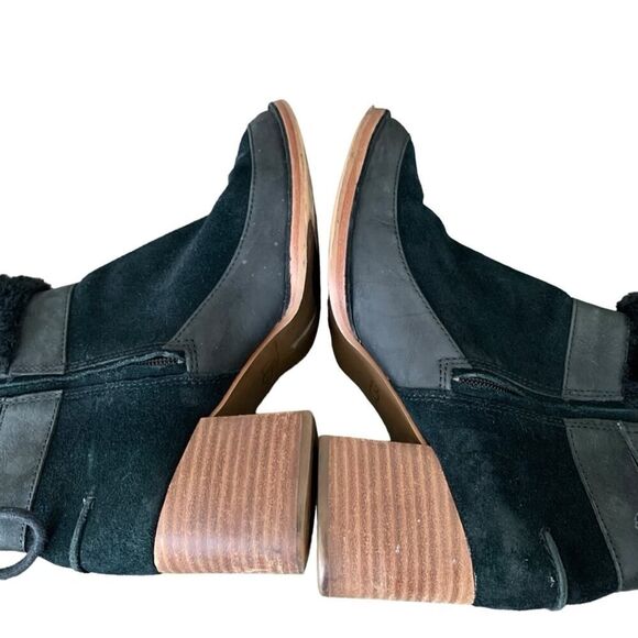 UGG Women's Kirke Suede Stacked Heel Booties Real Shearling Trim Black Size 7 - Picture 7 of 12